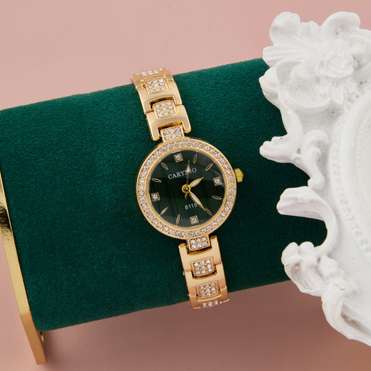 Stylist Gold Green Women’s Watch with Crystal-Studded Bracelet