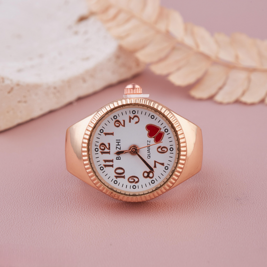 Rose Gold Ring Watch with White Dial & Red Heart Detail
