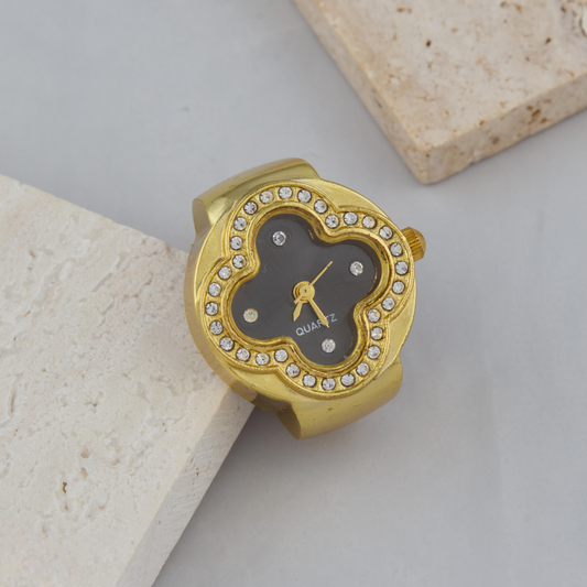 Gold-Tone Clover Dial Ring Watch with Crystals for Women & Girls