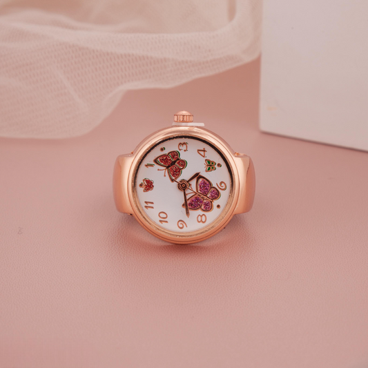 Rose Gold Ring Watch with Butterfly Print & White Dial for Women & Girls