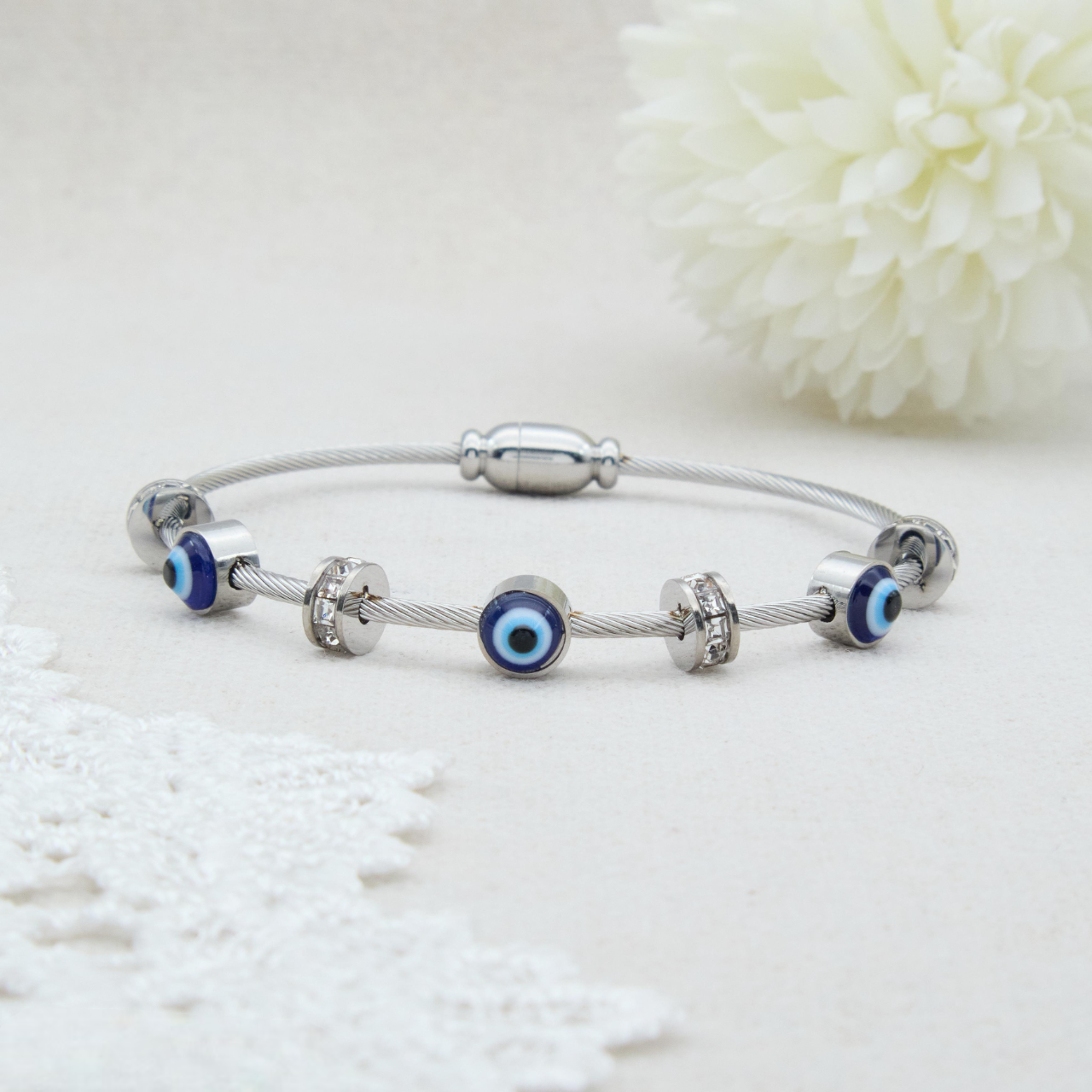 ✨ Rosegold Evil-Eye Charm Bracelet | Anti-Tarnish Premium Designer Magnetic Bracelet with Blue Charm for Girls and Women | Ideal for Special Occasions ✨