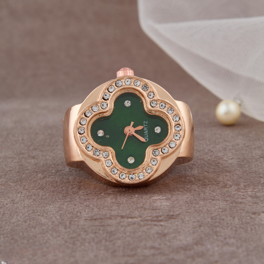 Luxurious Green Dial Rose Gold Ring Watch with Crystal Embellishments