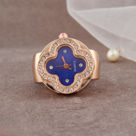 Luxury Blue Dial Ring Watch in Rose Gold Finish