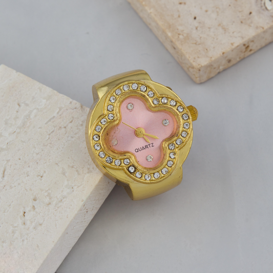 Gold-Tone Clover Dial Ring Watch with Pink Face & Crystals for Women & Girls