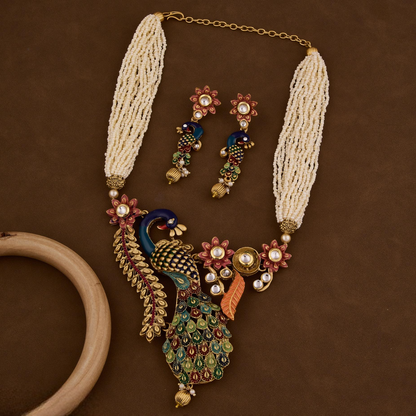 Traditional Peacock Design Necklace & Earrings Set with Pearls