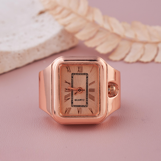 Rose Gold Square Dial Ring Watch with Roman Numerals