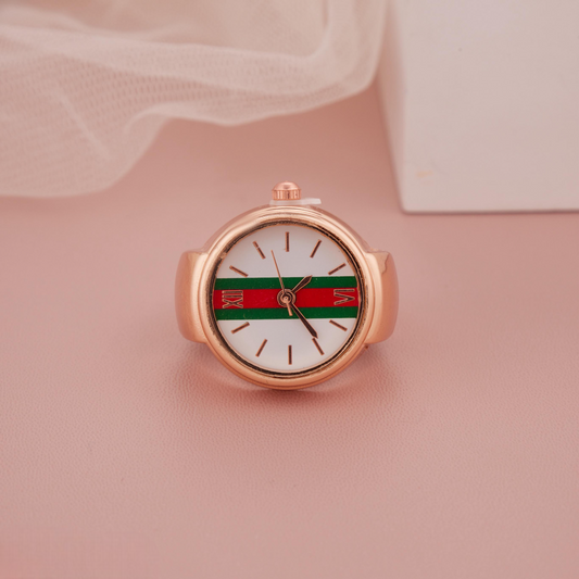 Rose Gold Round Ring Watch with White Dial & Red-Green Stripe Design