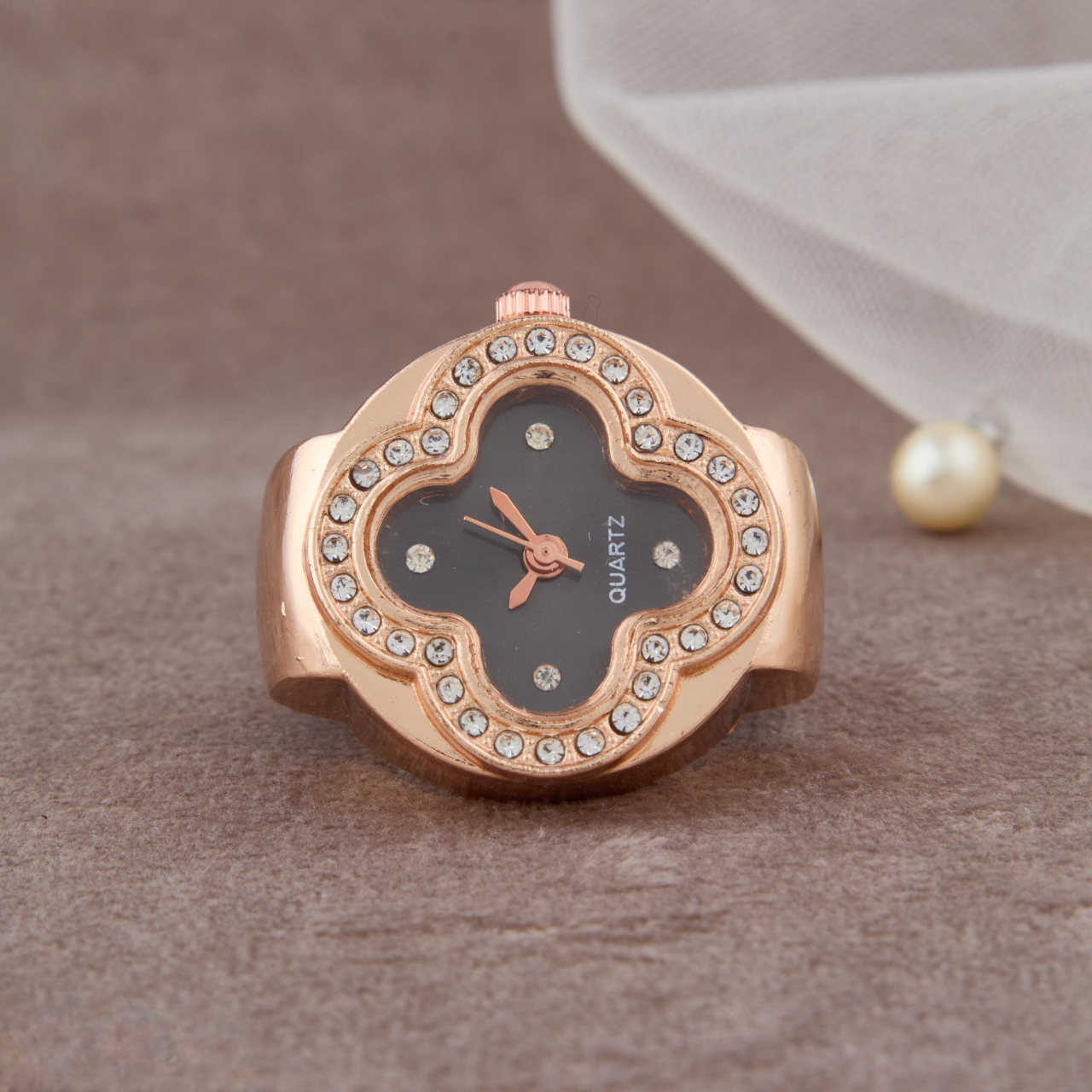 Elegant Rose Gold Ring Watch with Crystal Accents