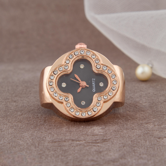 Elegant Rose Gold Ring Watch with Crystal Accents