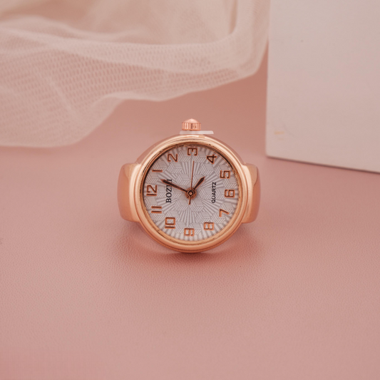 Rose Gold Ring Watch with Geometric Patterned White Dial for Women & Girls