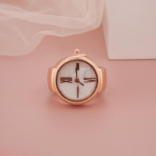 Elegant Rose Gold Round Ring Watch with White Dial & Roman Numerals