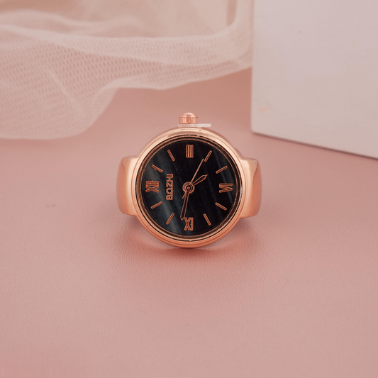 Rose Gold-Toned Ring Watch with Black Dial & Roman Numerals for Women