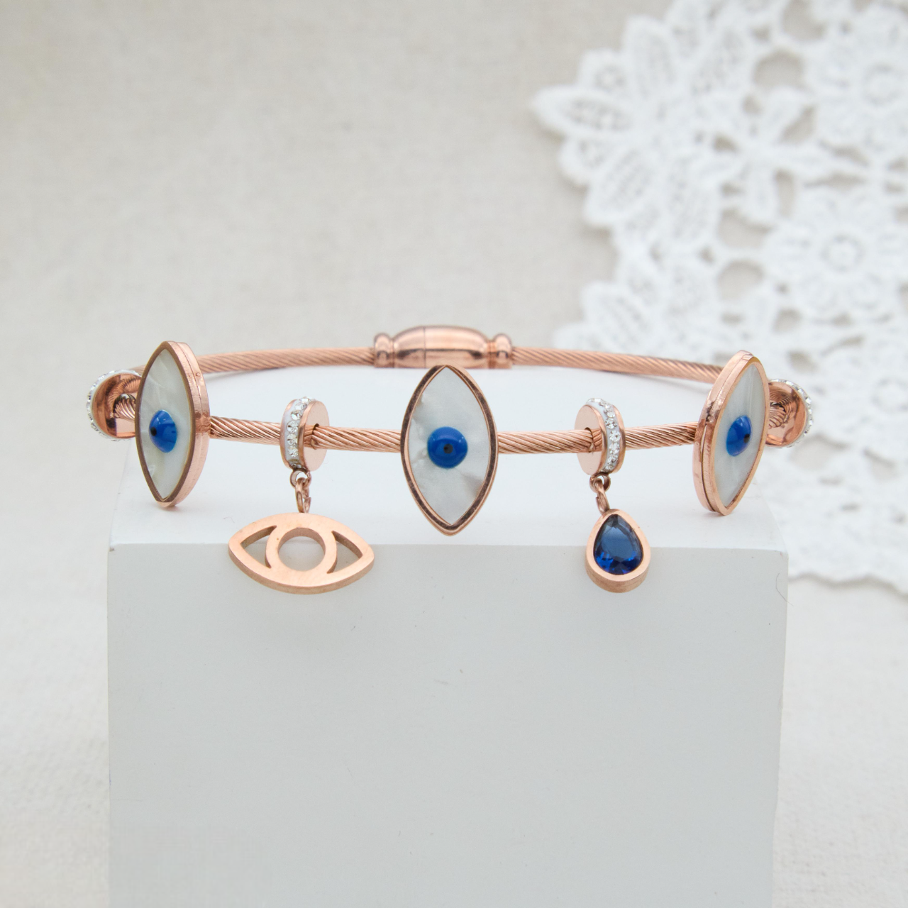 ✨ Rosegold Evil-Eye Charm Bracelet | Anti-Tarnish Premium Designer Magnetic Bracelet with Blue Charm for Girls and Women | Ideal for Special Occasions ✨