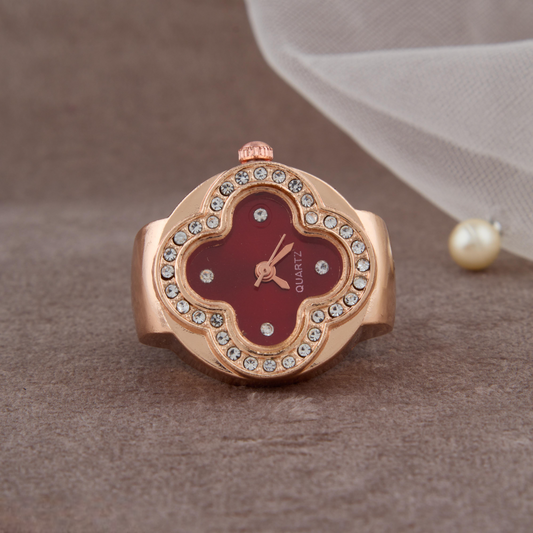 Elegant Red Dial Ring Watch in Rose Gold with Crystals