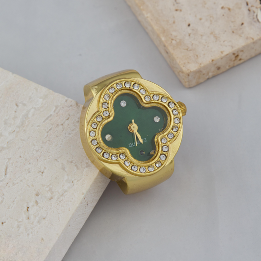 Gold Clover Dial Ring Watch with Green Face & Crystal Accents for Women & Girls