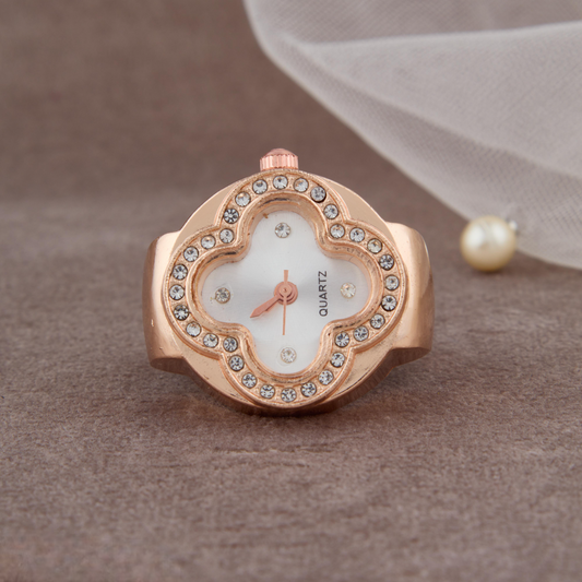 Elegant White Dial Rose Gold Ring Watch with Crystal Accents