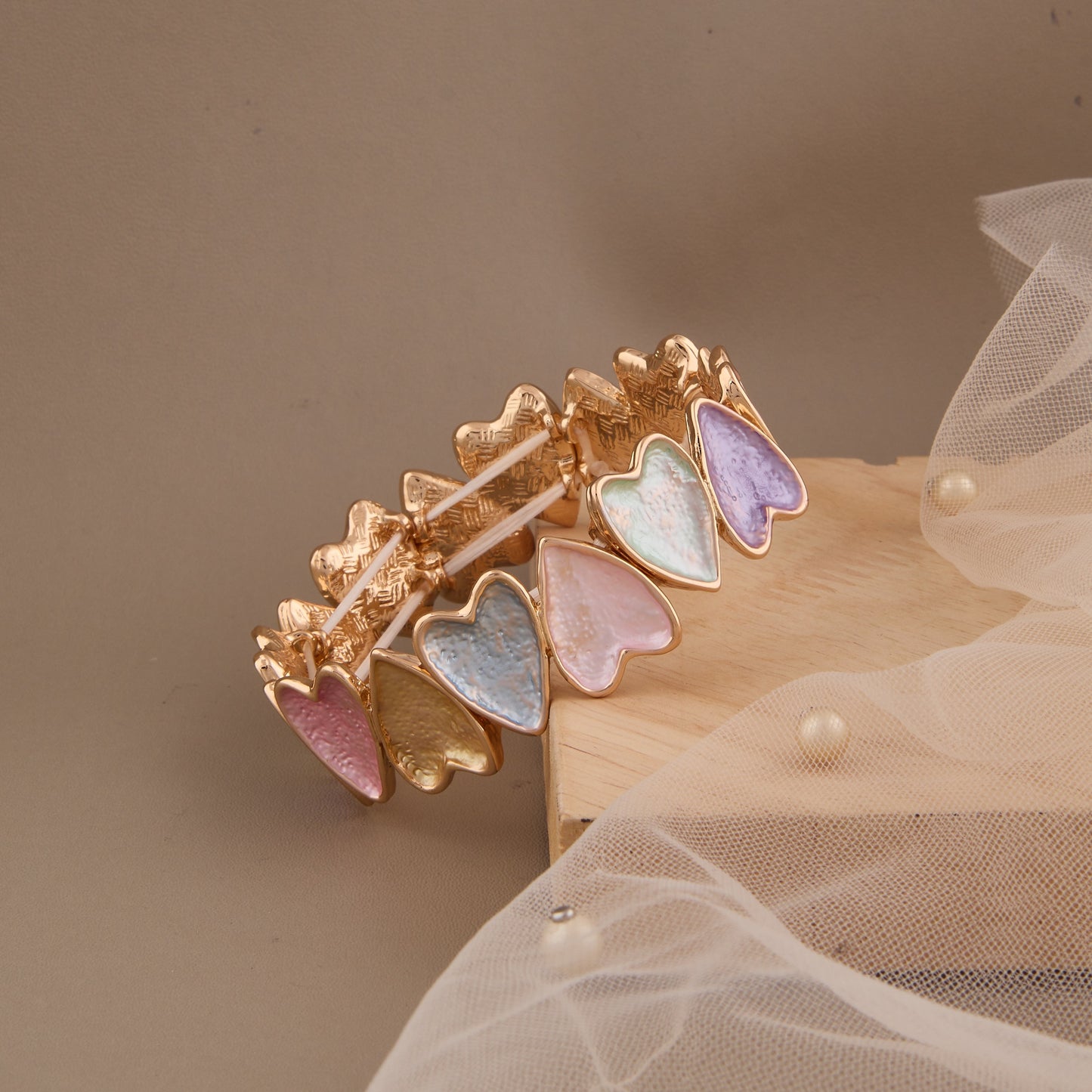 Multicolor Heart Charm Bracelet Iridescent Enamel Design with Gold-Tone Finish