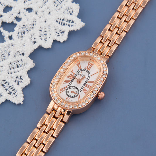 Elegant Rose Gold Oval Dial Women’s Watch with Crystal Bezel & Roman Numerals