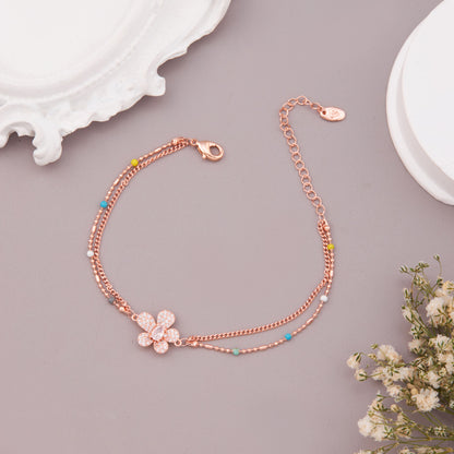 Stainless Steel Rose Gold-Plated AD Studded Clover Elegant Wraparound Bracelet