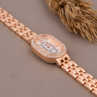 Elegant Rose Gold Oval Dial Women’s Watch with Crystal Bezel & Roman Numerals