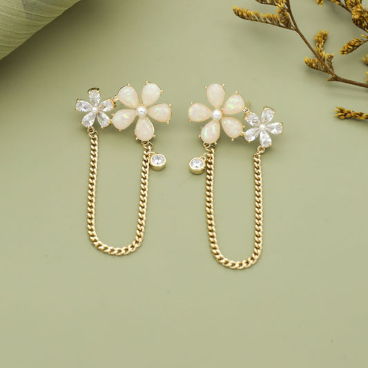 Delicate Floral Chain Earrings with Pearl and Crystal Accents