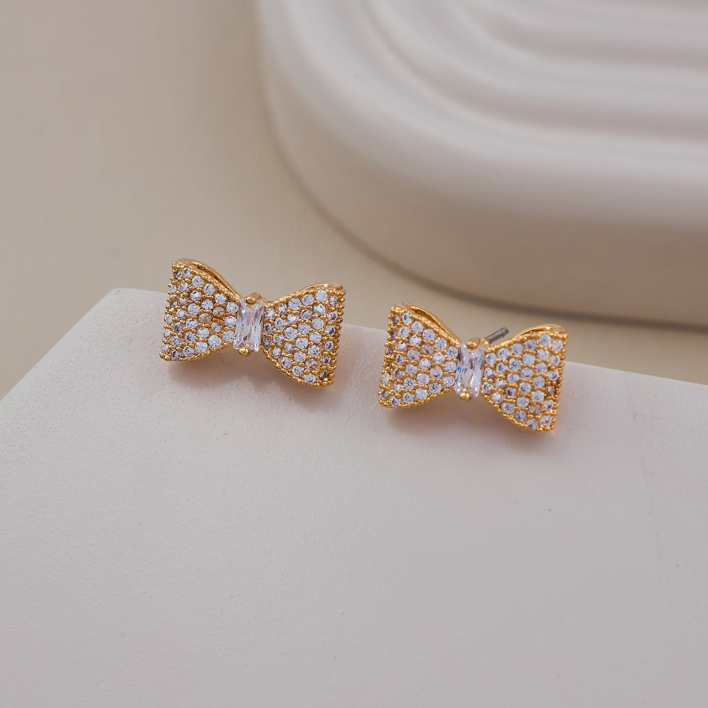Gold Bow Stud Earrings with Pave Crystals