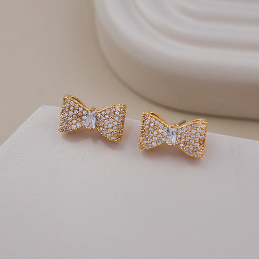 Gold Bow Stud Earrings with Pave Crystals