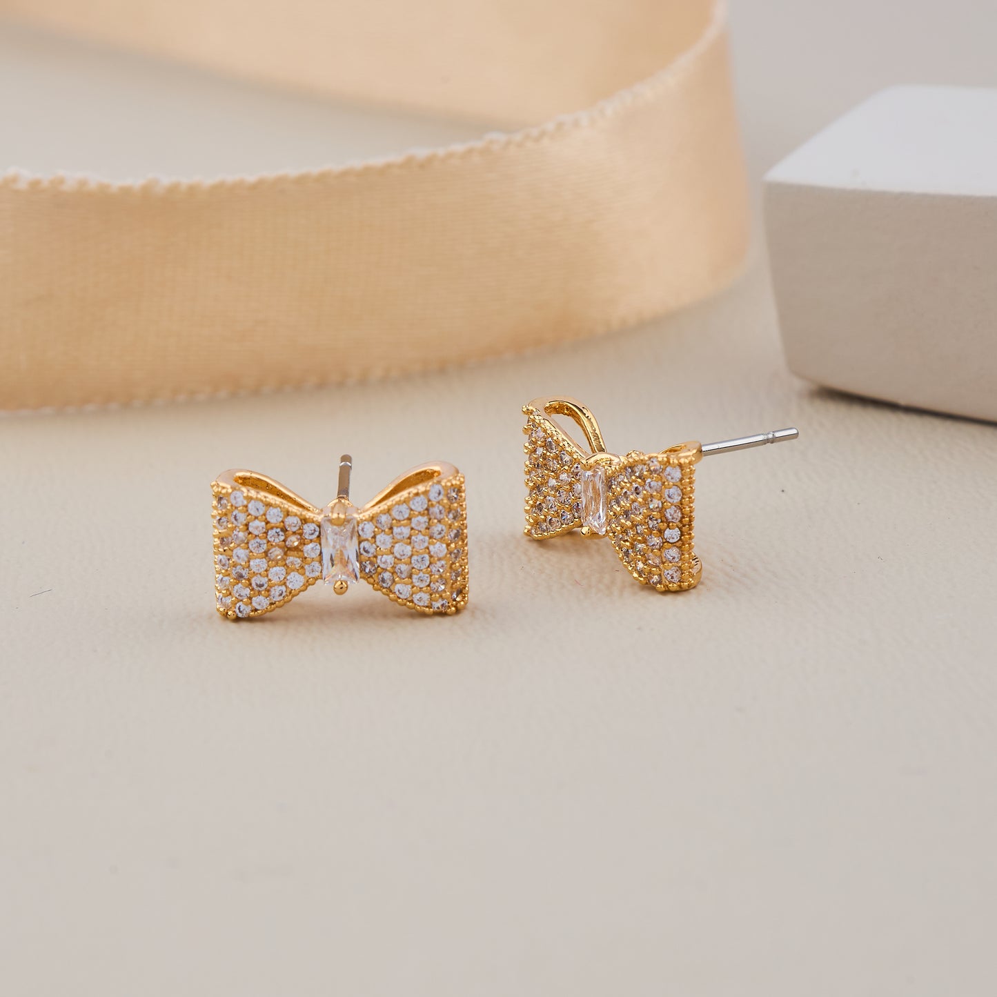 Gold Bow Stud Earrings with Pave Crystals