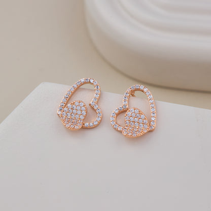 Double Heart Crystal Stud Earrings in Rose Gold Finish