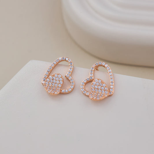 Double Heart Crystal Stud Earrings in Rose Gold Finish