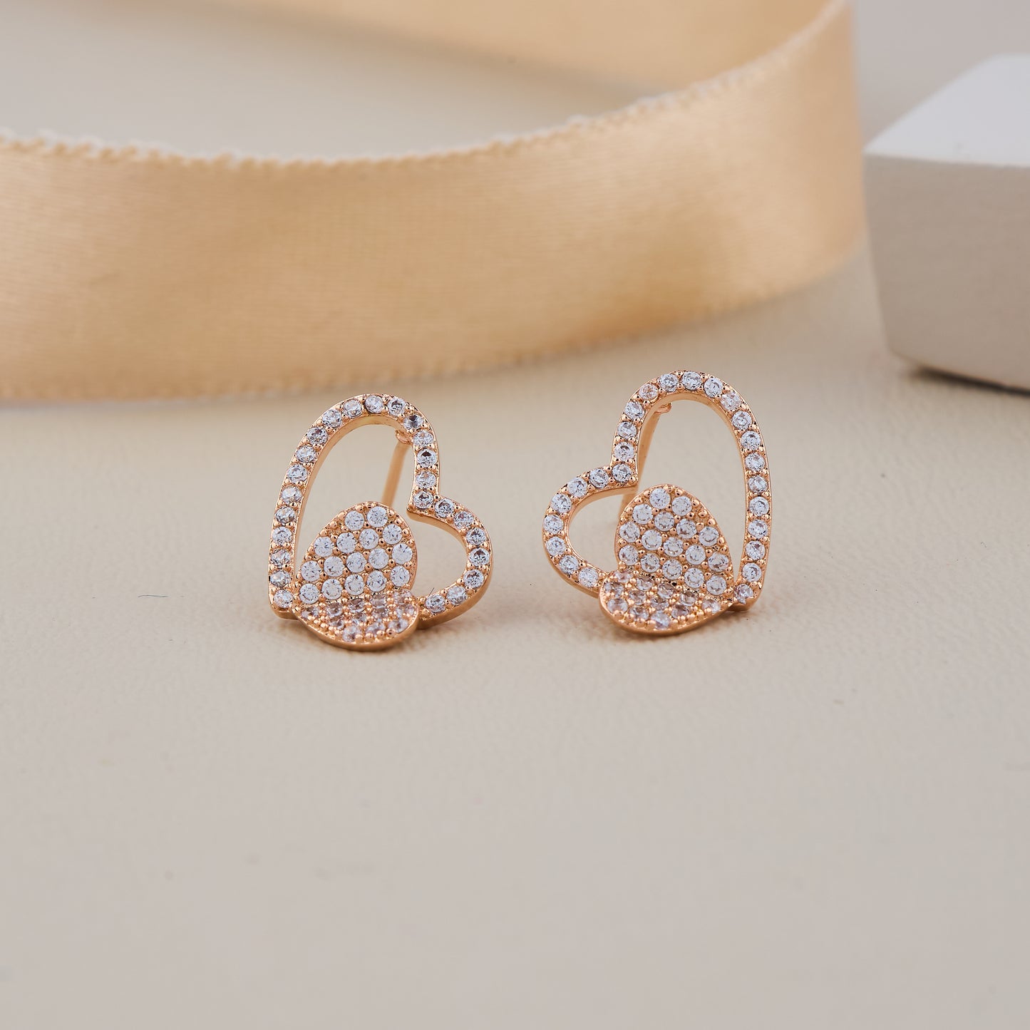 Double Heart Crystal Stud Earrings in Rose Gold Finish