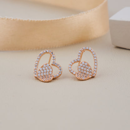 Double Heart Crystal Stud Earrings in Rose Gold Finish