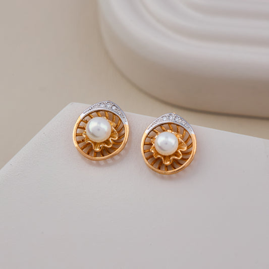 Gold Pearl Sunburst Stud Earrings with Diamond Accents