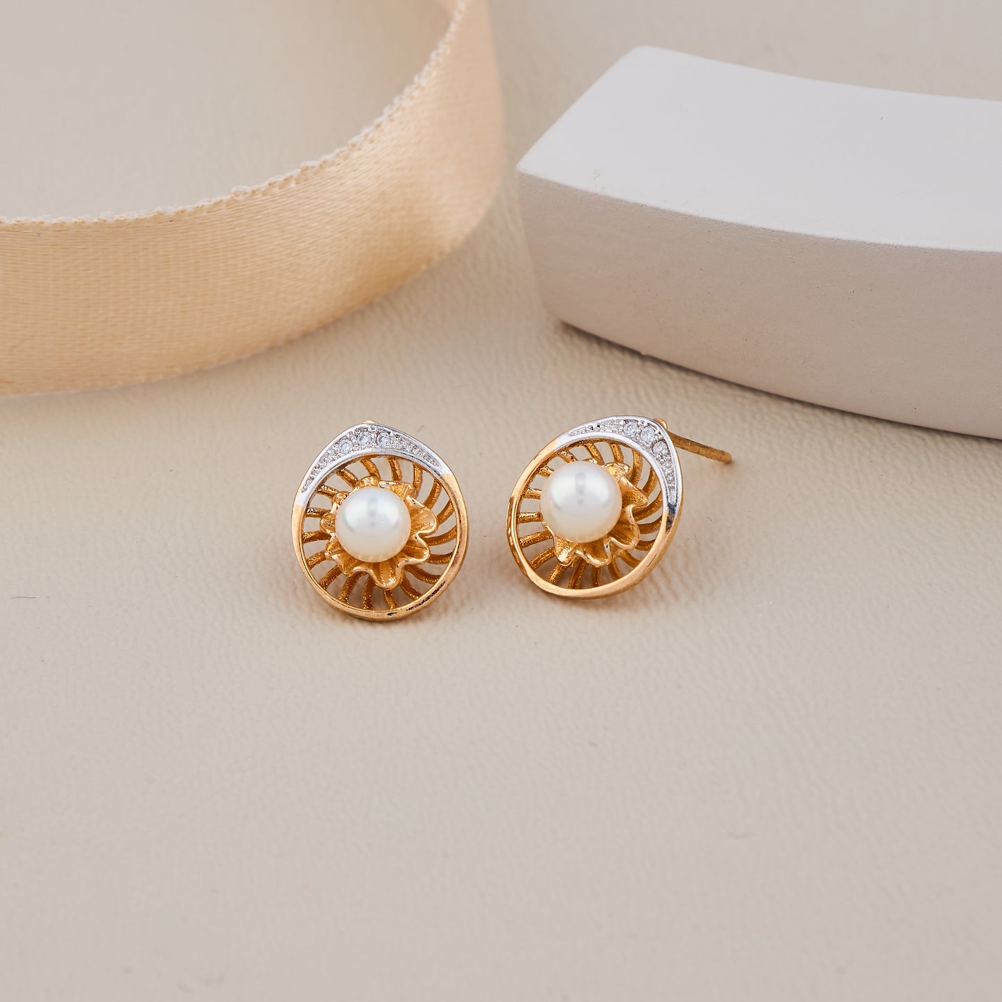 Gold Pearl Sunburst Stud Earrings with Diamond Accents