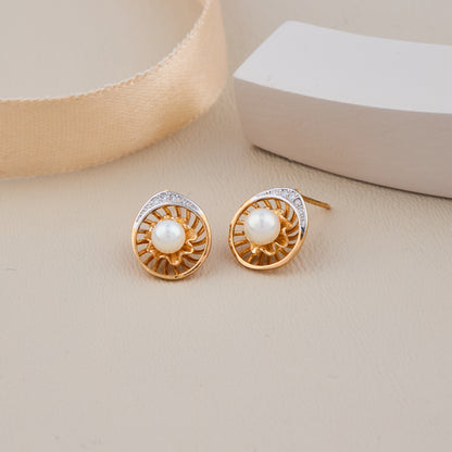 Gold Pearl Sunburst Stud Earrings with Diamond Accents