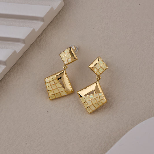 Gold Geometric Drop Earrings with Mosaic Detailing