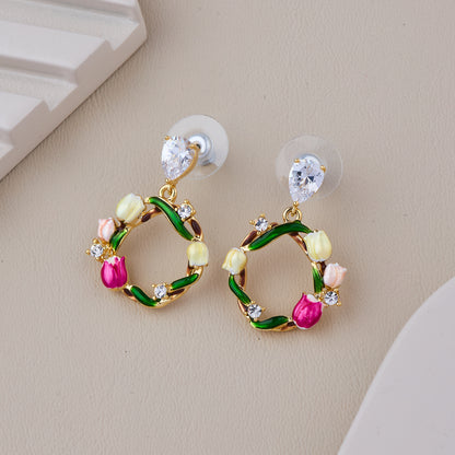 Floral Wreath Drop Earrings with Colorful Tulip Accents and Crystal Studs