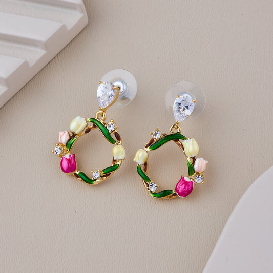 Floral Wreath Drop Earrings with Colorful Tulip Accents and Crystal Studs
