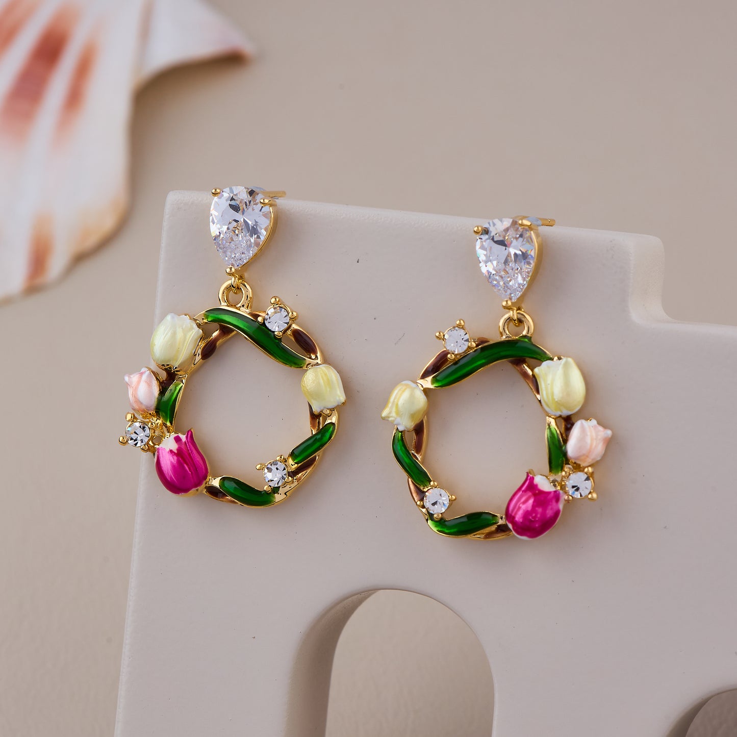 Floral Wreath Drop Earrings with Colorful Tulip Accents and Crystal Studs