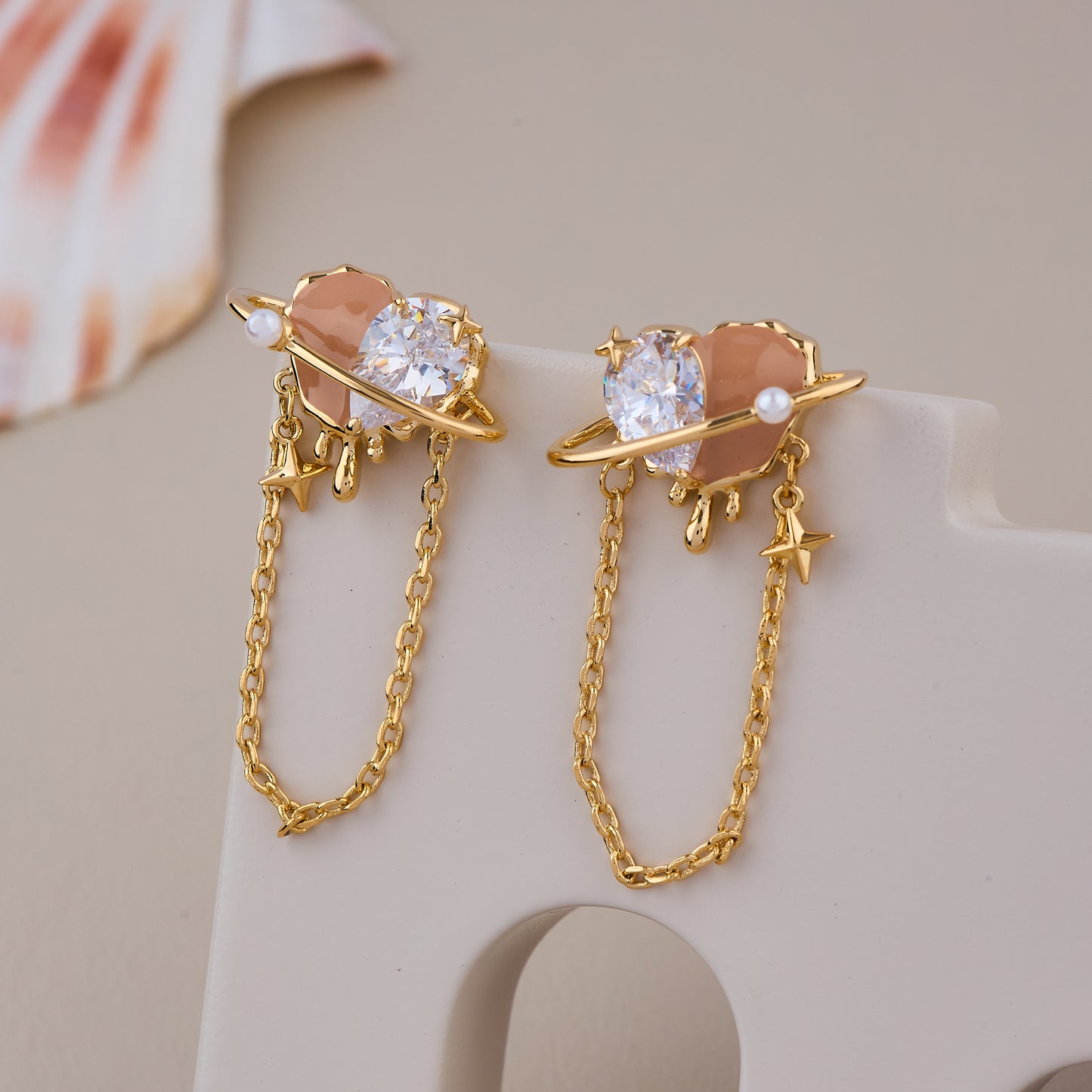 Galaxy Planet Drop Earrings with Crystal Center