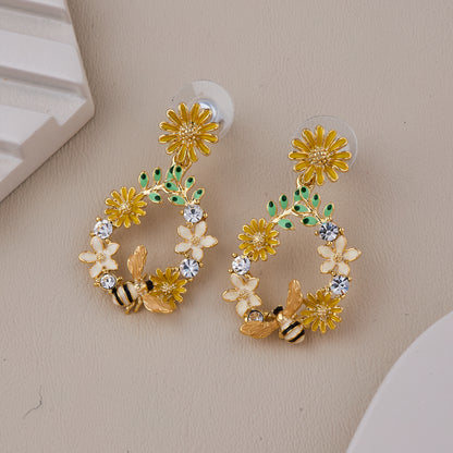 Floral Hoop Earrings with Crystal Accents and Enamel Bee Detailing