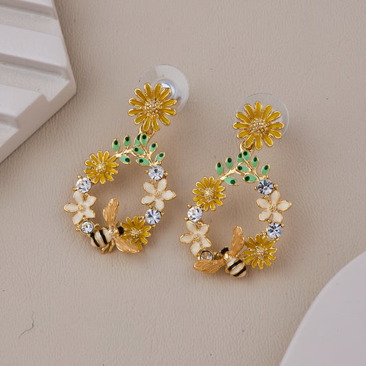 Floral Hoop Earrings with Crystal Accents and Enamel Bee Detailing