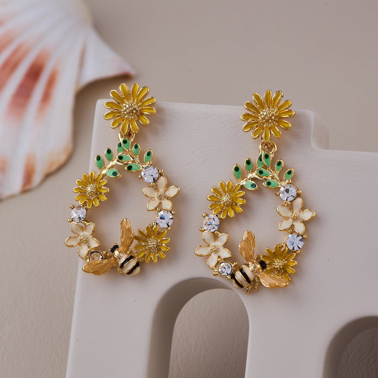 Floral Hoop Earrings with Crystal Accents and Enamel Bee Detailing