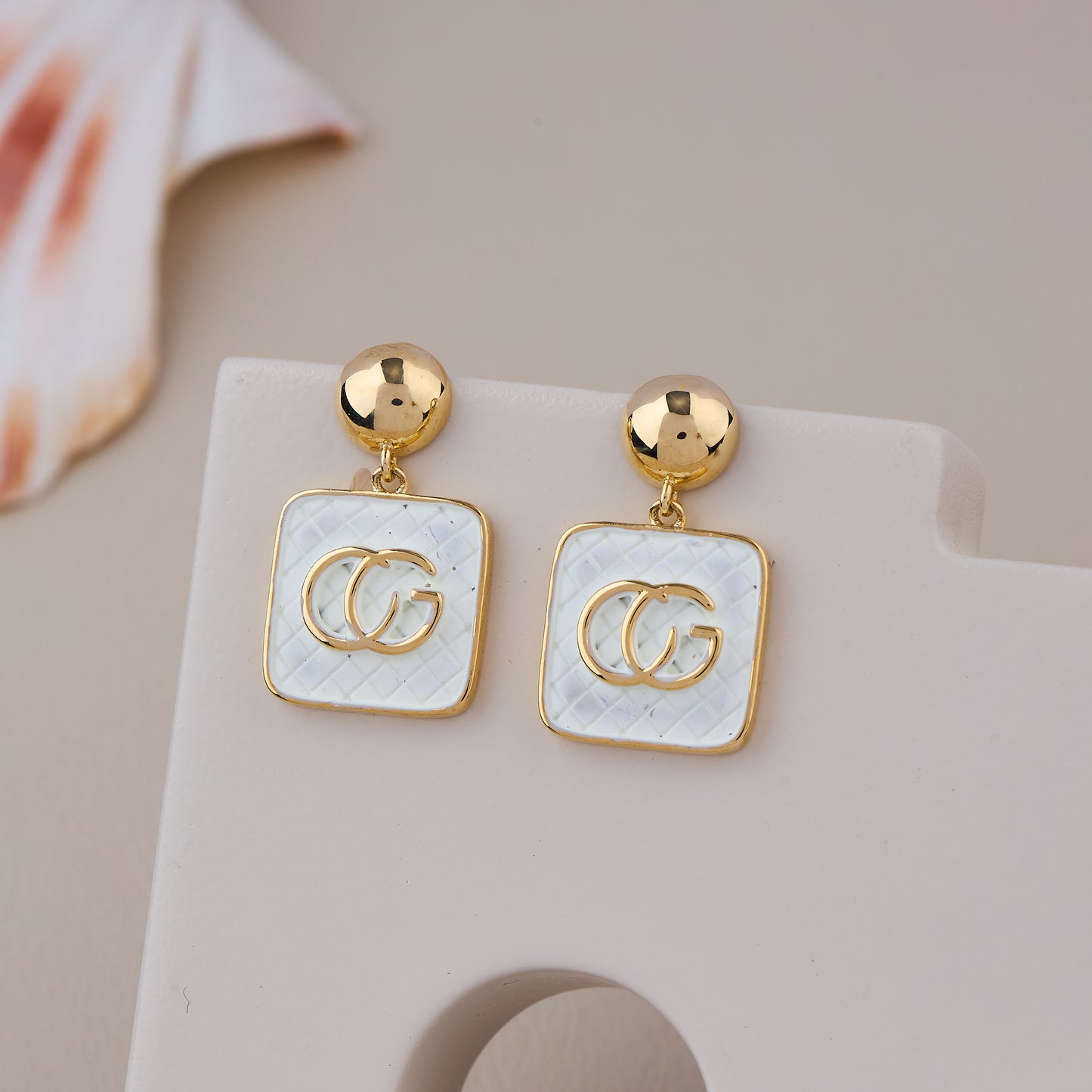 Elegant Gold-Plated Drop Earrings with White Enamel Squar