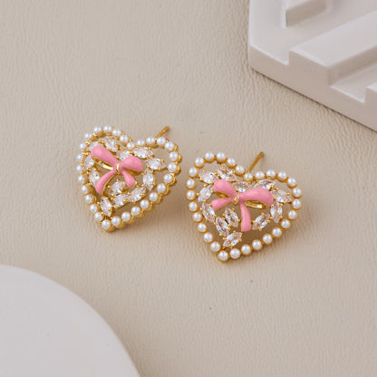 Romantic Heart-Shaped Earrings with Pink Bow, Crystal Accents, and Pearl Border
