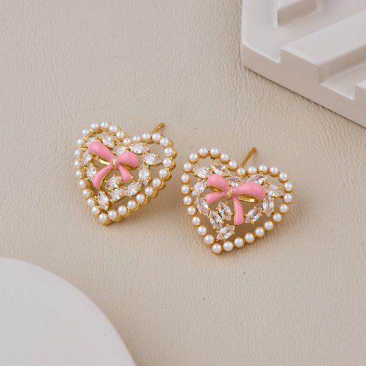 Romantic Heart-Shaped Earrings with Pink Bow, Crystal Accents, and Pearl Border