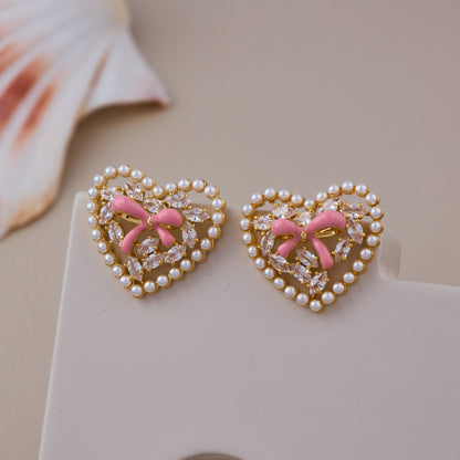 Romantic Heart-Shaped Earrings with Pink Bow, Crystal Accents, and Pearl Border