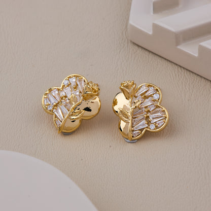 Elegant Gold Floral Earrings with Baguette-Cut Crystals