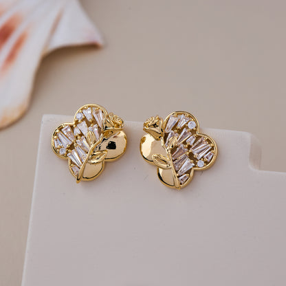 Elegant Gold Floral Earrings with Baguette-Cut Crystals