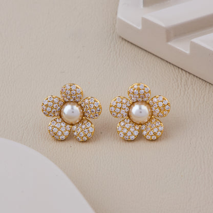 Gold Floral Pearl Earrings with Diamond-Studded Petals